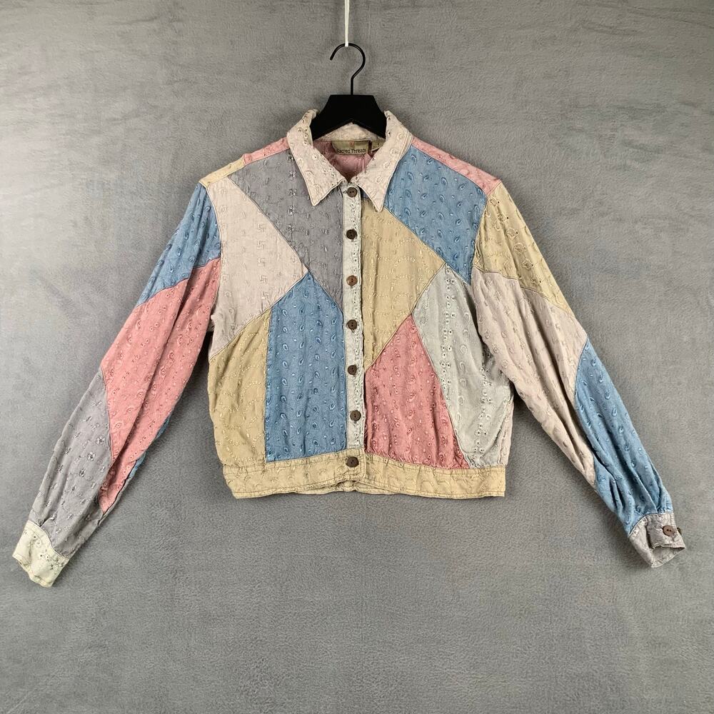 Sacred Threads Pastel Patchwork Eyelet Button Front Jacket  Boho Cottagecore S